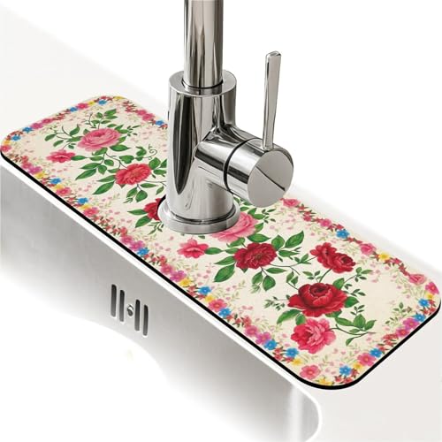 Faucet Fast Absorbent Pad - Red Rose With Wildflower , Suitable For Kitchen, Bathroom, Island And Other Scenes - color: Red Rose with Wildflower