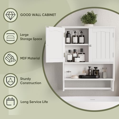 Smuxee White Bathroom Cabinet Wall Mounted with Towels Bar, Bathroom Medicine Cabinet with 2 Door Adjustable Shelves, Over Toilet Cabinet for Bathroom Laundry Room Kitchen - color: White Big With Towels Bar