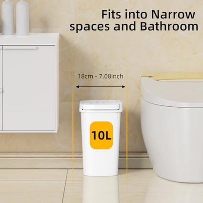 KSSKSS 3 Pack Bathroom Small Trash Can with Lid, 2.6 Gallon Slim Garbage Bin with Pop-Up Lid, 10L Plastic Wastebasket for Bedroom, Office, Kitchen, Toilet (White) - color: White-included Trash bags