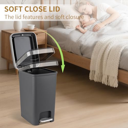 UUJOLY Small Bathroom Trash Can with Lid Step Pedal, 2.6 Gallon, Dark Grey | Soft-Close Sturdy Garbage Can + 3 Rolls Trash Bags, For Bathroom, Kitchen, Bedroom, Office, Dorm, Laundry, RV - color: Dark Grey