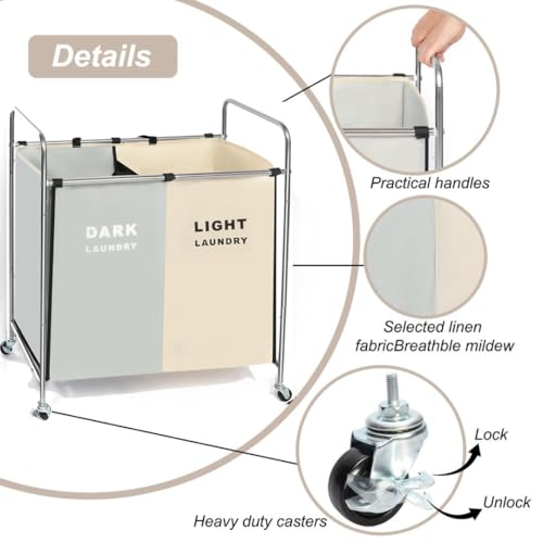 Double Compartment Rolling Laundry Sorter Cart with Wheels, Dark and Light Separation Hamper, Chrome Frame, Mobile Clothes Storage Organizer(Black+white, 2 Sections)