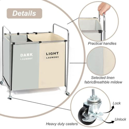 Double Compartment Rolling Laundry Sorter Cart with Wheels, Dark and Light Separation Hamper, Chrome Frame, Mobile Clothes Storage Organizer(Black+white, 2 Sections)