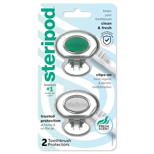 Steripod Clip-on Toothbrush Protector, Green/Silver, 2 Count - color: Clear Blue and Clear Green, size: 2 Count (Pack of 1)