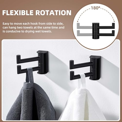 Suyar Double Towel Hook Matte Black, Bathroom Wall Hook, Swivel Robe Holder | SUS304 Stainless Steel Coat Towel Holder with 2 Foldable Arms, Swivel Towel Rack Space Saving Wall Mounted, 2 Pack - color: Matte Black, size: 2 Pack
