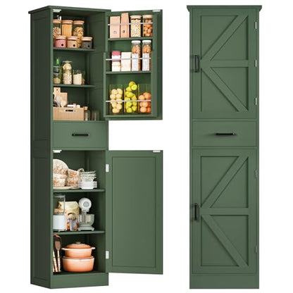 Kitchen Pantry Cabinet with 3 Door Shelves & 1 Drawer, Narrow Bathroom Cabinet with Adjustable Shelves, Tall Storage Cabinet for Living Room, Bathroom, Entryway, Green - color: Green