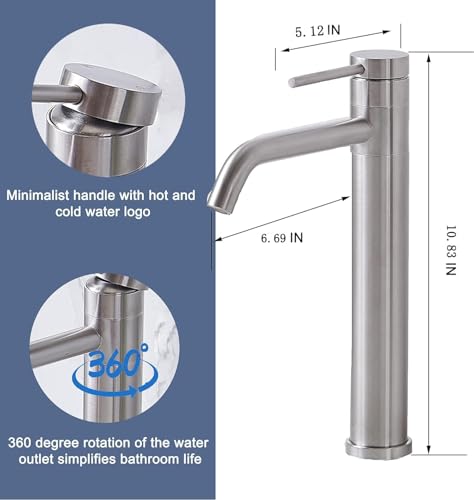 Hotis Vessel Sink Faucet Brushed Nickel, Stainless Steel Tall Bathroom Faucet with 360° Swivel Spout, Single Handle 1 Hole Bathroom Faucets with Supply Lines and Pop Up Drain, HT-BF100 - color: Brushed Nickel