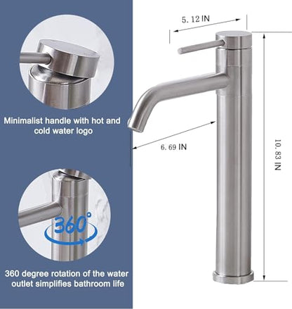 Hotis Vessel Sink Faucet Brushed Nickel, Stainless Steel Tall Bathroom Faucet with 360° Swivel Spout, Single Handle 1 Hole Bathroom Faucets with Supply Lines and Pop Up Drain, HT-BF100 - color: Brushed Nickel