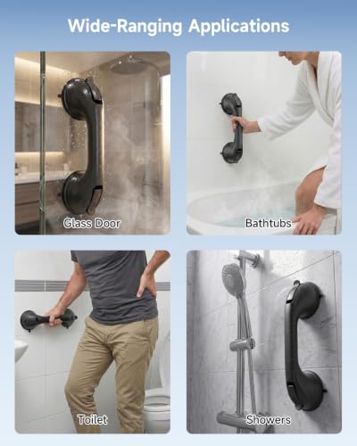 2 Pack Shower Grab Bar for Shower and Bathtubs, No Drilling, Black | Suction Shower Handle for Elderly, Suction Cup Removable Handrails Safety Grip, Heavy Duty, 12 inch - color: Black