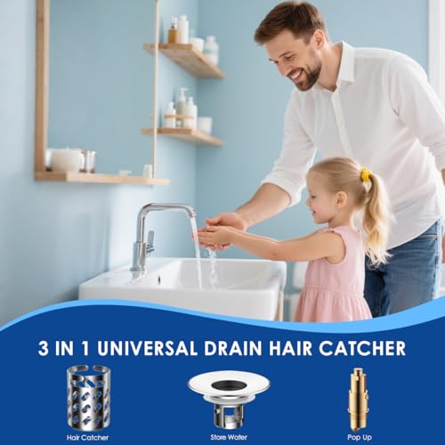 Bathroom Sink Stopper with Hair Catcher, Universal Pop-Up Drain Strainer for 1.1"–2.36" US Standard Sink Drain Hole, Anti-Clog Basin Stopper with Removable Stainless Steel Strainer Basket (Slant Bore)