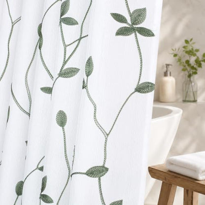 Embroidered Leaf Farmhouse Shower Curtain,Faux Linen,72x72,White Sage Green | Boho Modern Shower Curtain Set, Washable & Waterproof Fabric, Floral Shower Curtains for Bathroom with Hooks - color: White Sage Green