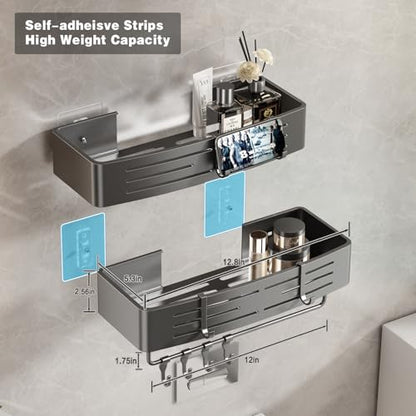 Voldra Adhesive Shower Caddy, 2 Pack Shower Shelves for Inside Shower No Drilling, Aluminum Stick On Showers Organizer with Towel Bar & Hooks Removable Bathroom Shelf Storage Rack(Gray) - style: Adhesive Strip Rectangle-2 Pack