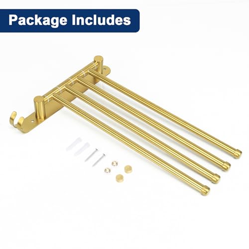 NearMoon Swivel Towel Rack, 13.8" Thicken 304 Stainless Steel 4-Arm Towel Bar, Space Saving Wall Mounted Towel Holder with Hook, Rustproof Swing Out Towel Hanger for Bathroom, Kitchen (Brushed Gold) - color: Brushed Gold, size: 13.8 Inch