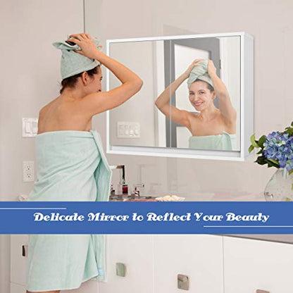 Tangkula Bathroom Medicine Cabinet, 2-Tier Wall-Mounted Storage Cabinet with Double Mirror Doors, Multipurpose Kitchen Bathroom Medicine Storage Cabinet, White (22" x 18") - size: 22 x 18 Inch