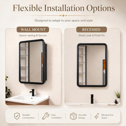 Black Medicine Cabinet, 18x26.5 Inch Wood Framed Mirror, Fully Assembled Recessed or Wall Mount Wood Cabinet with 2 Storage Shelves, Fully Assembled - color: Black