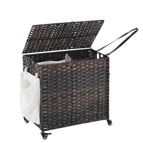 Laundry Hamper with Wheels, 34.3 Gallon(130L) Rolling Laundry Basket with Lid, Removable Large 2 Color Liners & 3 Mesh Laundry Bags, Clothes Hamper with Side Pocket, Brown - color: Brown, size: 23.62"L x 15.75"W x 21.65"H