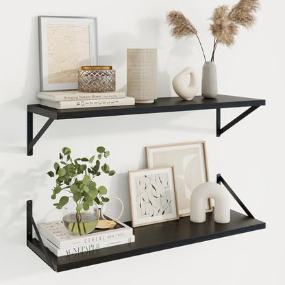 30 Inch Floating Shelves, 10 Inch Deep Black Wall Shelves Set of 2 | 30'' x 10'' Rustic Wood Shelves with Heavy Duty Brackets, Deep Shelves for Bathroom, Living Room, Engineered Wood, 40LBS - color: Black, size: 30W x 10D