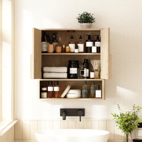 RUSTOWN Wall Mounted Bathroom Cabinets with Rounded Edges & Curved Handles | Adjustable Shelf, 3-Tier Over The Toilet Storage Cabinets, Modern Medicine Cabinet for Laundry Kitchen Living Room - color: Natural Oak