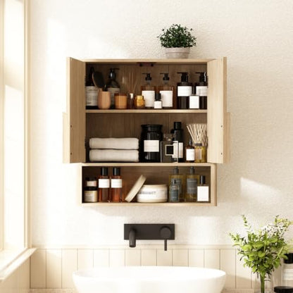 RUSTOWN Wall Mounted Bathroom Cabinets with Rounded Edges & Curved Handles | Adjustable Shelf, 3-Tier Over The Toilet Storage Cabinets, Modern Medicine Cabinet for Laundry Kitchen Living Room - color: Natural Oak