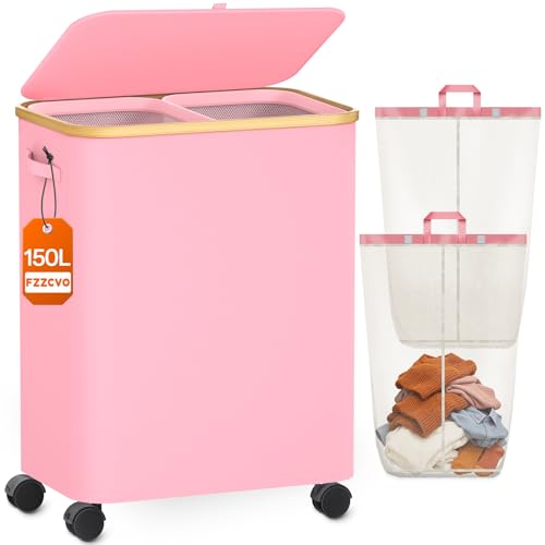 Double Laundry Hamper with Lid and Wheels, 150L Large Laundry Basket with 2 Sections & Removable Liner Bags, Rolling Dirty Clothes Basket with Handles for Bedroom, Bathroom, Dorm, College - color: Pink, size: 150L