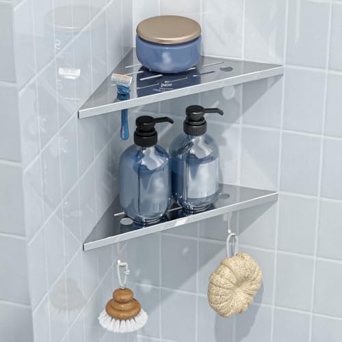 DAYONE 2 Pack Corner Shower Shelves 10", Chrome 304 Stainless Steel Recessed Bathroom Shelf with Razor Holding Hole and 2 Hools, for Tiled Wall No Drilling Needed - color: Chrome, size: 2 Hooks-10”