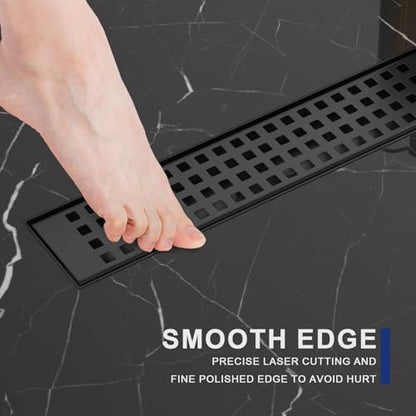 12 Inch Linear Shower Drain - Matte Black, with Removable Grate | AISI 304 Stainless Steel Shower Drain, Long Rectangle Shower Floor Drain with Adjustable Feet, Fits Bathroom & Balcony etc - color: Matte Black, size: 12 in
