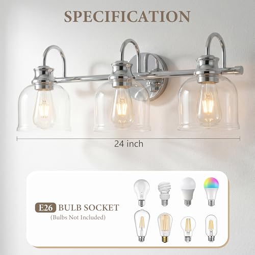 URSOLA 3 Lights 24" Bathroom Vanity Light Fixtures, Chrome Traditional Classic Vanity Light with Clear Glass, Bathroom Lighting Fixtures Over Mirror - color: Chrome, size: 3 Lights