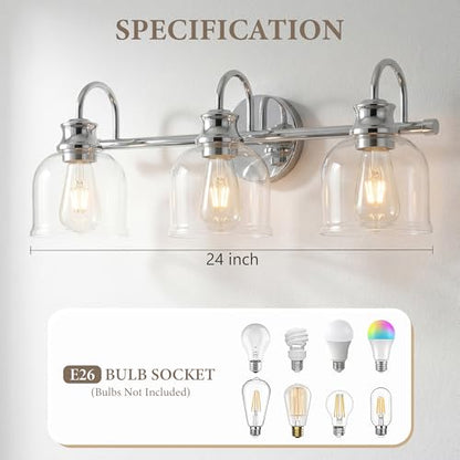 URSOLA 3 Lights 24" Bathroom Vanity Light Fixtures, Chrome Traditional Classic Vanity Light with Clear Glass, Bathroom Lighting Fixtures Over Mirror - color: Chrome, size: 3 Lights