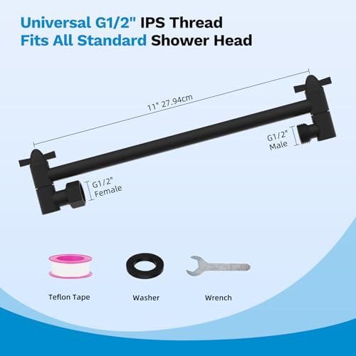 All-Metal Shower Extension Arm, G1/2" Universal/Adjustable, 11-Inch, Black | Brass Flexible Shower Head Extender Height/Angle Adjusted, Stainless Steel Pipe Extending with Lock Joint for Rain Showerhead - color: Matte Black, size: 11 Inch