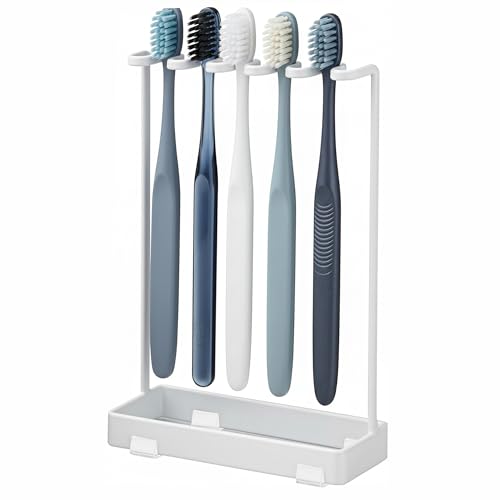 Stainless Countertop Toothbrush Holders Stand, Rustproof Bathroom Organizer with 5 Ventilated Slots to Hold Manual Toothbrushes and Razor, Metal Storage Collection for Family, Suitable for Home Vanity