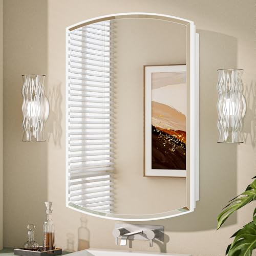 Keonjinn White Medicine Cabinet with Mirror 20” x 30”, Metal Framed Wall Cabinet with Beveled Mirror, Surface Mount or Recessed Medicine Cabinet for Bathroom, Bathroom Mirror with Storage | Adjustable Shelves, Arched Vanity Mirror with Storage, Recessed o