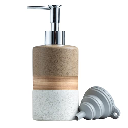Ceramic Soap Dispenser Set for Hand Soap, Shampoo, Dish Soap, Conditioner, Includes Stainless Steel Pump and Silicone Funnel, 12 Oz, Modern Kitchen Decor - color: Brown and White, size: 1xSoap Dispenser