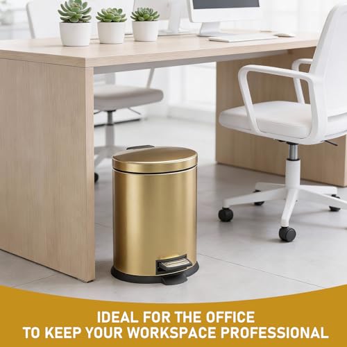 SIMPLYKLEEN Bathroom Trash Can with Lid - 2PC 1.3 Gallon/ 5L Oval Small Trash Can with Soft-Close Lid, Foot Pedal, Brushed Stainless Steel, Removable Liner, Garbage can for Kitchen, Office, Home Gold - color: Gold, size: 5L Oval 2PC