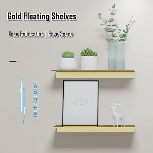 HNVNER Brushed Gold Floating Wall Shelves 2 Packs, Shower Shelf 15.7x4.9 | Anodized Aluminum, Rustproof, No Drilling Option, Adhesive Display Ledge for Bedroom, Living Room, Bathroom, Home Office - color: Brushed Gold, size: 15.6 x 4.9 inch