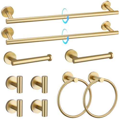 TQKAG Brushed Gold Bathroom Hardware Accessories Set 10-Pieces, Premium SUS304 Stainless Steel Bathroom Towel Bar Holder Set 23.6 Inch Round Towel Racks for Bathroom Wall Mounted - color: Brushed Gold, size: 10-Pieces Set