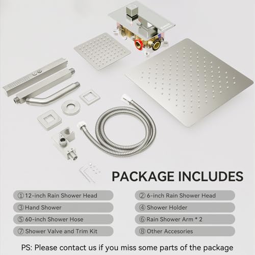 STARBATH Shower Faucet Set Shower System with Diverter Valve Brushed Nickel | 12 Inch Ceiling Mount Rain Shower Head, 6 Inch Wall Mount Rainfall Shower Head and 2-in-1 Handheld Spray for Two Person - color: Brushed Nickel, size: 12"+6"-03