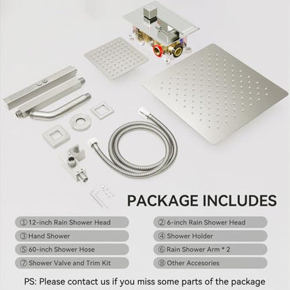 STARBATH Shower Faucet Set Shower System with Diverter Valve Brushed Nickel | 12 Inch Ceiling Mount Rain Shower Head, 6 Inch Wall Mount Rainfall Shower Head and 2-in-1 Handheld Spray for Two Person - color: Brushed Nickel, size: 12"+6"-03