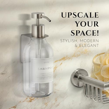 Shower Shampoo Dispenser Wall Mounted – Refillable 16.9 oz Clear Bottle with Stainless Steel Pump & No-Drill Adhesive Holder – Soap Dispenser for Bathroom (1 X Clear/Silver) - color: 1 X Clear/Silver