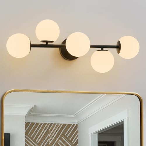 Modern Bathroom Vanity Light Fixtures,LED Matte Black Wall Sconce Lighting | 5 Lights Milk Glass Globe Vanity Light, Makeup Bathroom Vanity Lights,Dimmable Brass Mid Century Wall Sconces over Mirror - color: Black Milk Glass, size: Integrated LED