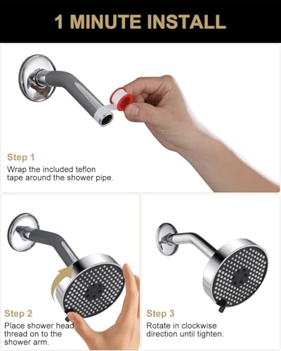 Bovepin 3 functions Rainfall Shower Head Replacement with 1.5 GMP Flow | G1/2" Universal Fitting, 360° Adjustable Brass Ball Joint, 1-Min Easy Install & Easy Clean, Chrome