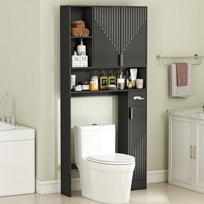 GOODONE Black Over The Toilet Storage Cabinet - with 3 Doors and Toilet Paper Holder Stand, FreeStanding, for Bathroom, Restroom, Laundry - color: Black