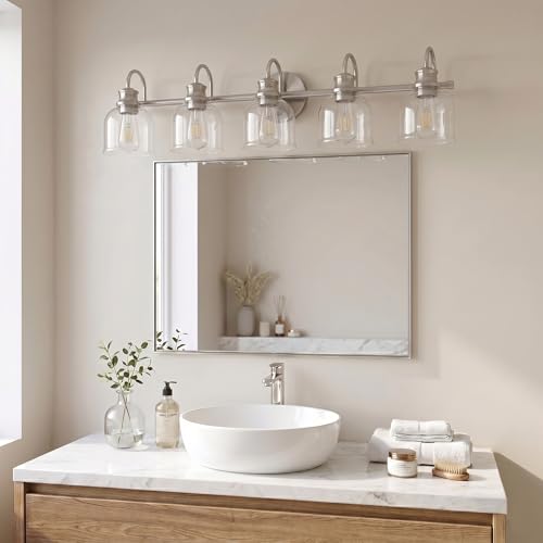 URSOLA 5 Lights 40" Bathroom Vanity Light Fixtures, Brushed Nickel Traditional Classic Vanity Light with Clear Glass, Bathroom Lighting Fixtures Over Mirror - color: Brushed Nickel, size: 5 Lights
