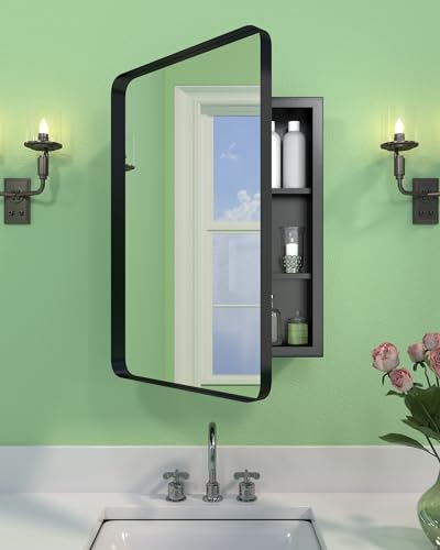 16"x24" Black Medicine Cabinet Mirror for Bathroom, Reversible Installation | Surface & Recessed Mount Medicine Cabinet Mirror with Storage, Waterproof Full Metal, 2 Stable and Removable Metal Shelves - color: 16"x24"