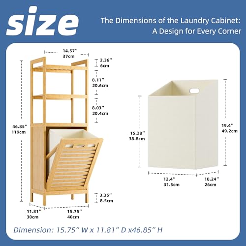 HITNET Tilt Out Laundry Hamper, Bamboo Laundry Basket with Foldable Bag and 3 Open Shelves, Freestanding Clothes Storage Organizer for Bedroom, Bathroom, Living Room, Natural - color: Natural