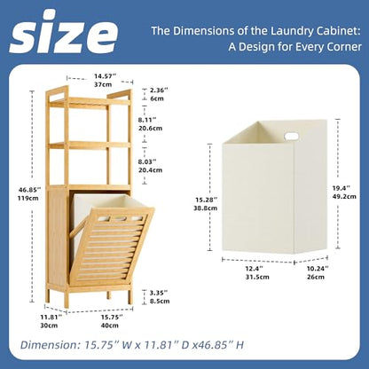 HITNET Tilt Out Laundry Hamper, Bamboo Laundry Basket with Foldable Bag and 3 Open Shelves, Freestanding Clothes Storage Organizer for Bedroom, Bathroom, Living Room, Natural - color: Natural