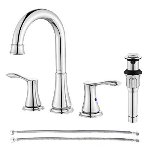 Chrome Widespread Bathroom Sink Faucet 8 Inch for Vanity | with All Metal Pop Up Drain, High Arc 2 Handle Lead-Free Deck Mount Bathroom Faucet for 3 Hole Lavatory Utility Sink - color: Chrome