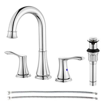 Chrome Widespread Bathroom Sink Faucet 8 Inch for Vanity | with All Metal Pop Up Drain, High Arc 2 Handle Lead-Free Deck Mount Bathroom Faucet for 3 Hole Lavatory Utility Sink - color: Chrome