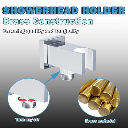 Bathroom Brass Square Wall Mount Handheld Shower Head Holder Water Supply Elbows with On/Off Flow Control Bracket, Chrome - color: Chrome