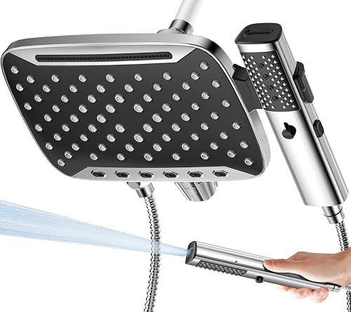 JDO High Pressure Rain Shower Head with Handheld Spray Chrome Polished | 7 Modes Dual Shower Head, 10-inch Rainfall Showerheads Combo, Detachable Hand Held Shower Wand, Power Jets, 71" Hose - color: Chrome
