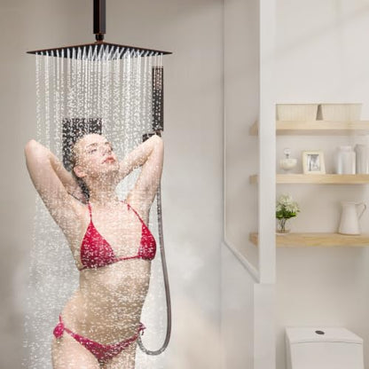 SunCleanse Rainfall Shower System with High Pressure in Oil Rubbed Bronze | Ceiling mounted shower combo set featuring a 12" square rain head, handheld spray, and rough-in mixer valve with trim. - color: Oil Rubbed Bronze, style: 12-ceiling