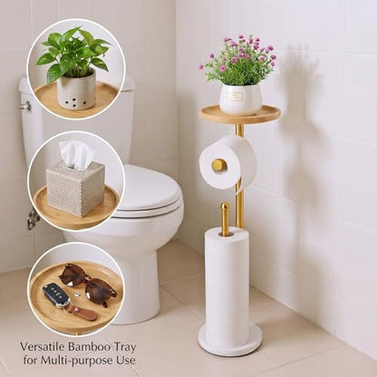 Standing Toilet Paper Holder Gold with 7.9" Big Tray, 2.2Lbs Heavier Marble Base, Freestanding Paper Holder Stand with Phone Shelf, Holds 5 Paper Rolls (Gold) - color: Gold